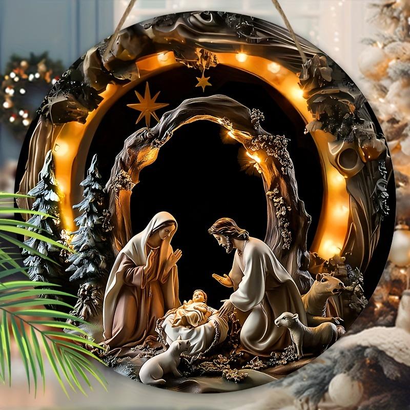 5pcs Jesus Nativity Scene Wooden Christmas Sign - 2D Flat Relief, Round Wall Decor for Church & Home, Perfect Holiday Ornament, Christmas Decor