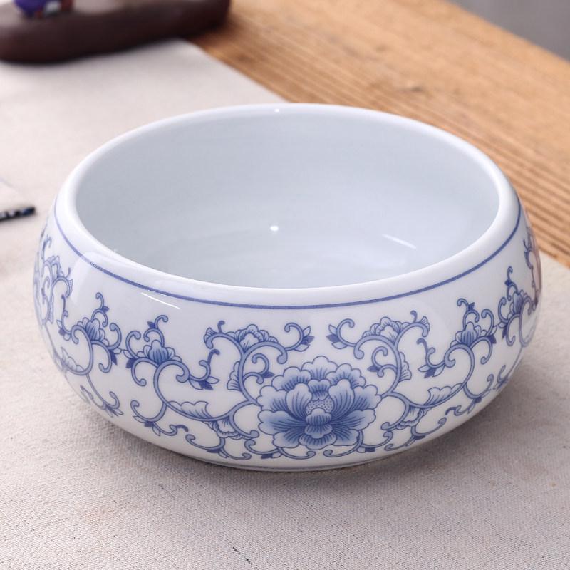 Gongfu Blue & White Porcelain Tea Cup Washer - High Temp Ceramic Pen & Water Washer