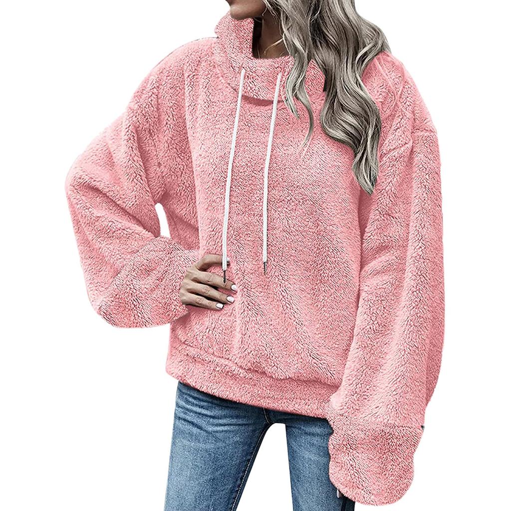 Women's Fashion Leisure Solid Color Long Sleeve Pullover With Drawstring Plush Coat Top
