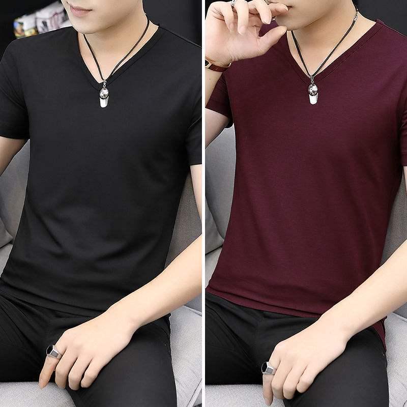 2-pak męskich koszulek z lodowego jedwabiu z dekoltem w serek, z krótkim rękawem, slim fit