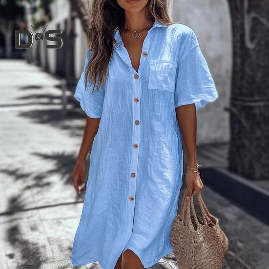 Dámská košile s klopami, krátkým rukávem, ležérní, dojížděcí styl, jednobarevná, volného střihu, knoflíková léga, pracovní košile