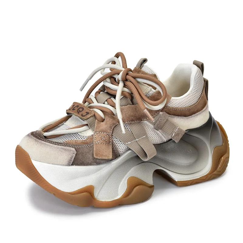 

Женские кроссовки Fujin zapatos mujer на массивном каблуке 6,5 см, модные летне-весенние удобные ботинки на плоской подошве, обувь из сетчатой ​​кожи из натуральной свиной кожи 40 хаки