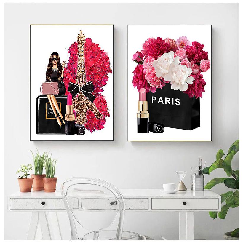 Fashion Perfume Paris Tower Flower Lipstick Wall Art Canvas Painting Nordic Posters and Prints Wall Picture for Living Room Deco No Frame