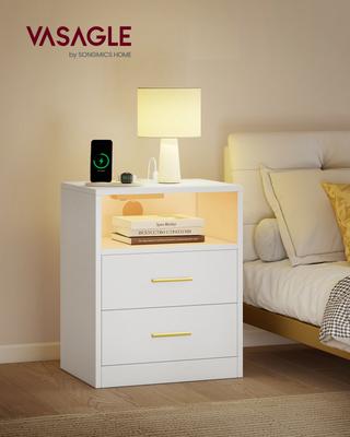 Custos Collection LET629WB01 Comodino con Stazione di Ricarica, Illuminazione a LED, Tavolino, Moderno con Cassetti, 2 Prese AC e Porte USB
