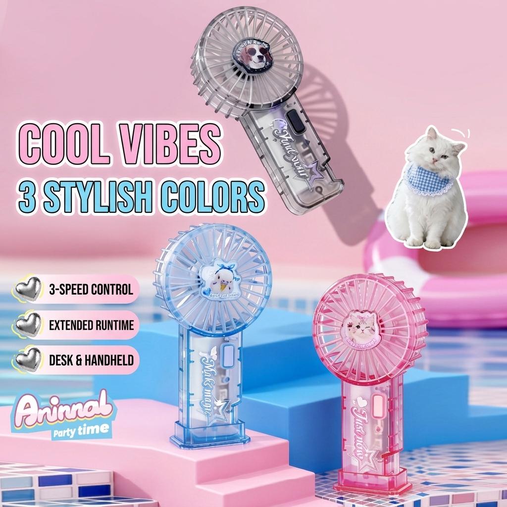 Cute Kawaii Pet Mini Fan Portable Handheld Desk Fan Transparent Cat Dog Pocket USB Rechargeable Cooling Fan for Girls Gift