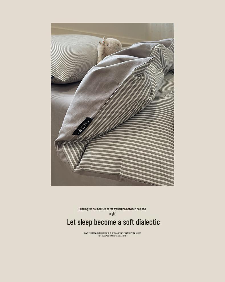 New 100% Cotton Simple Stripe Bedding Set – Includes Duvet Cover, Fitted Sheet, and Four-Piece Set for Dorms