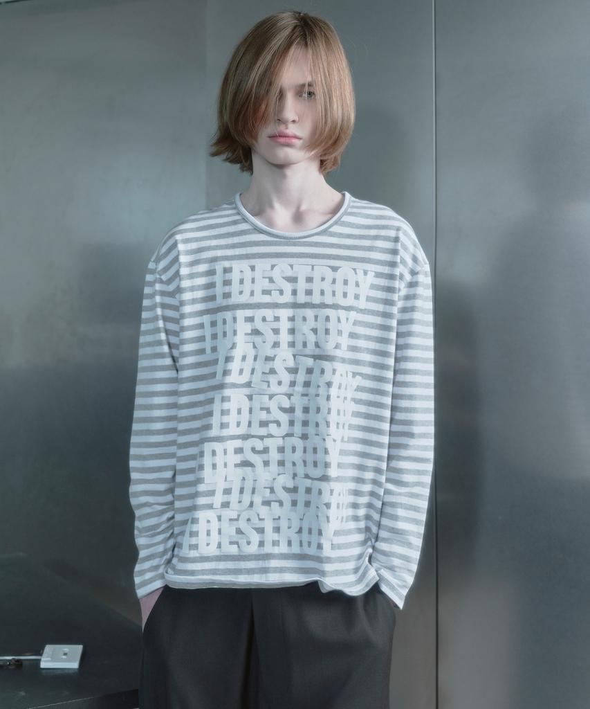 Kilyu I Destroy Stripe Long Sleeve T-Shirt_Melange Gray