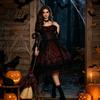 Party Atmosphere Decoration Halloween Witch Broom, Black Tulle Cosplay Costume, Gothic Plastic Broomstick Rose Skeleton Hand for Party, Home