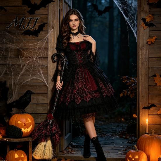 Party Atmosphere Decoration Halloween Witch Broom, Black Tulle Cosplay Costume, Gothic Plastic Broomstick Rose Skeleton Hand for Party, Home