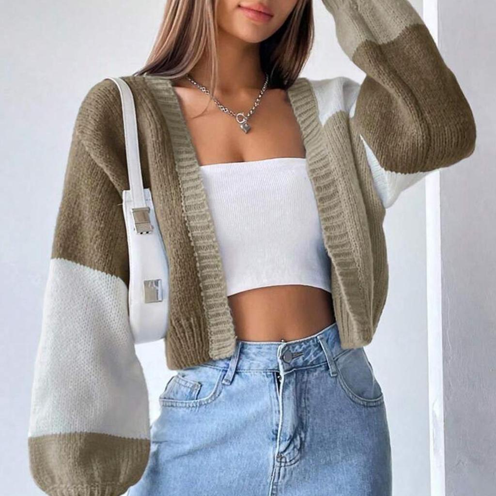 Women's European Style Color Block Cardigan: Retro Stripe Long Sleeve Knit Sweater