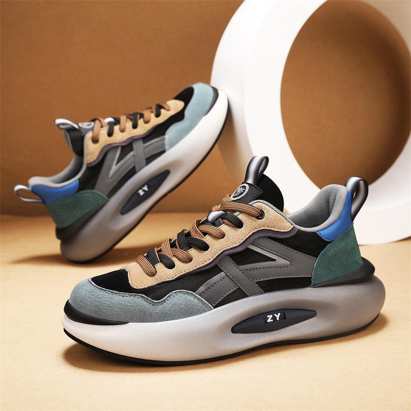 High-End Men's Breathable Leather Fashion Sneakers - Versatile, Thick-Soled, Height-Boosting Dad Shoes for Autumn & Winter