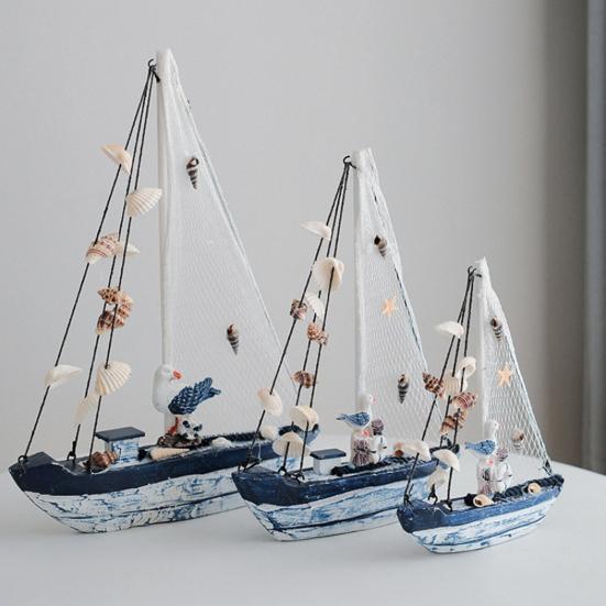 Pobřežní dřevěný model plachetnice Rustikální námořní figurka lodi se skořápkou a hvězdicí Plážové oceánské téma Stolní ozdoba do obývacího pokoje ložnice