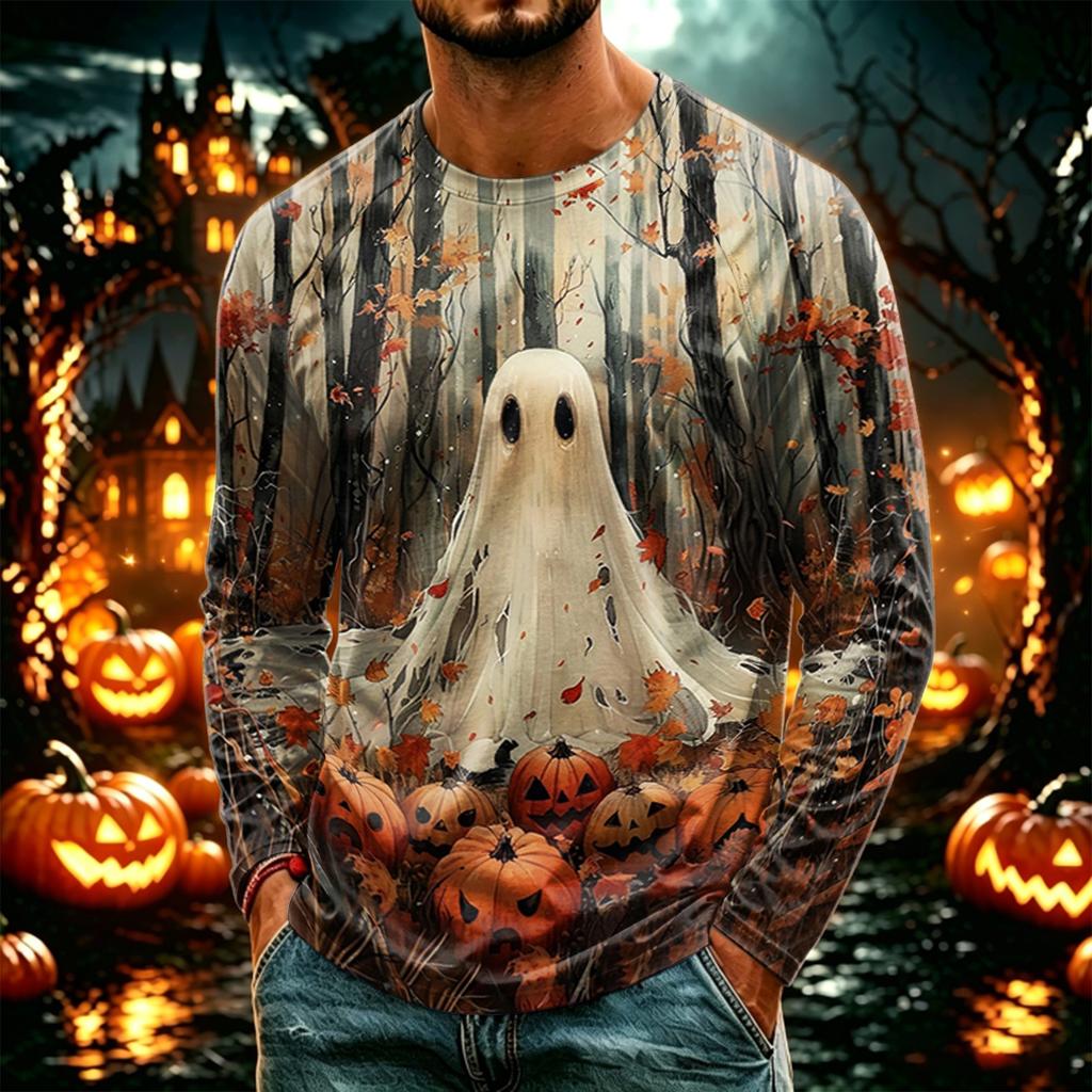 Men's Casual Halloween Print Neck Long Sleeve T-Shirt Lightweight for Daily Wear
