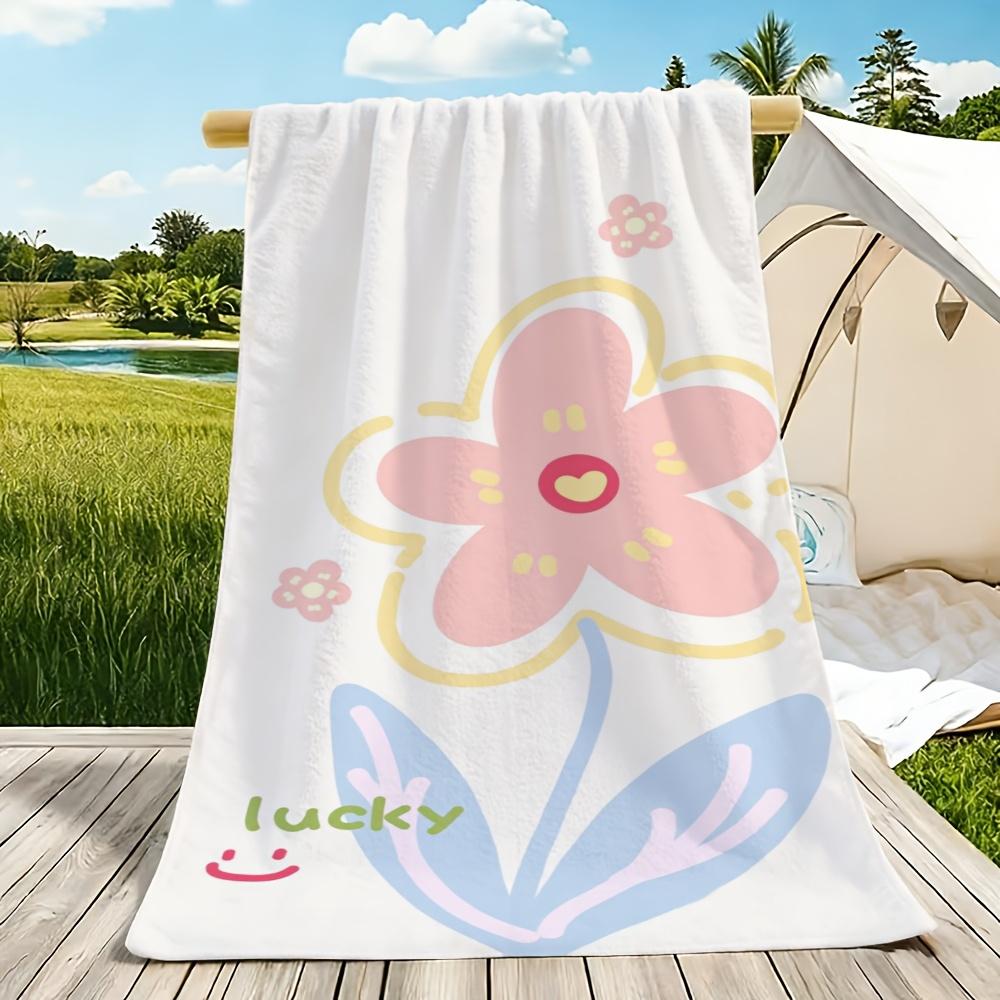 2D Flat, 1pc, Pink Floral Illustration with Lucky Text and Joyful Face Beach Towel, Soft and Skin-friendly, Non-shedding Easy to