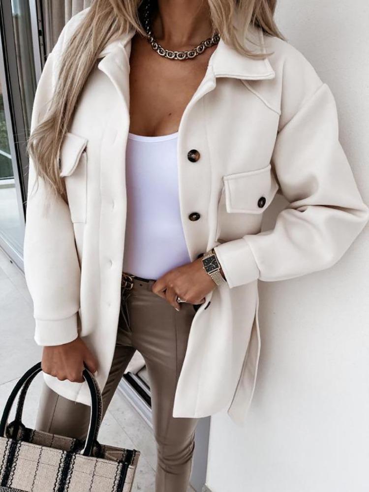 Women Winter Wool Coat with Lace Trim Long Sleeve Solid Color Autumn Fashion