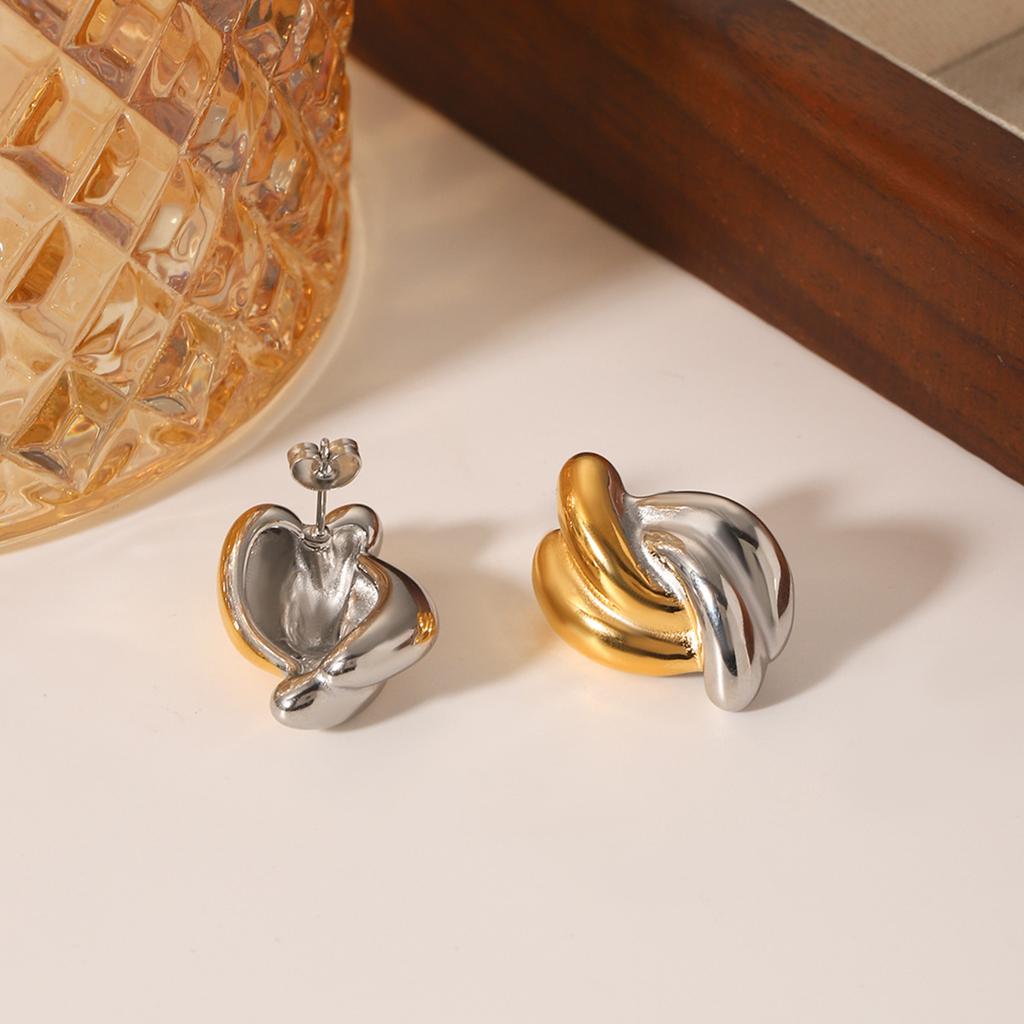 Gold and Silver Color-block Stainless Steel Earrings, Twisted Stud Design, Fashionable and Unique Titanium Steel Ear Jewelry