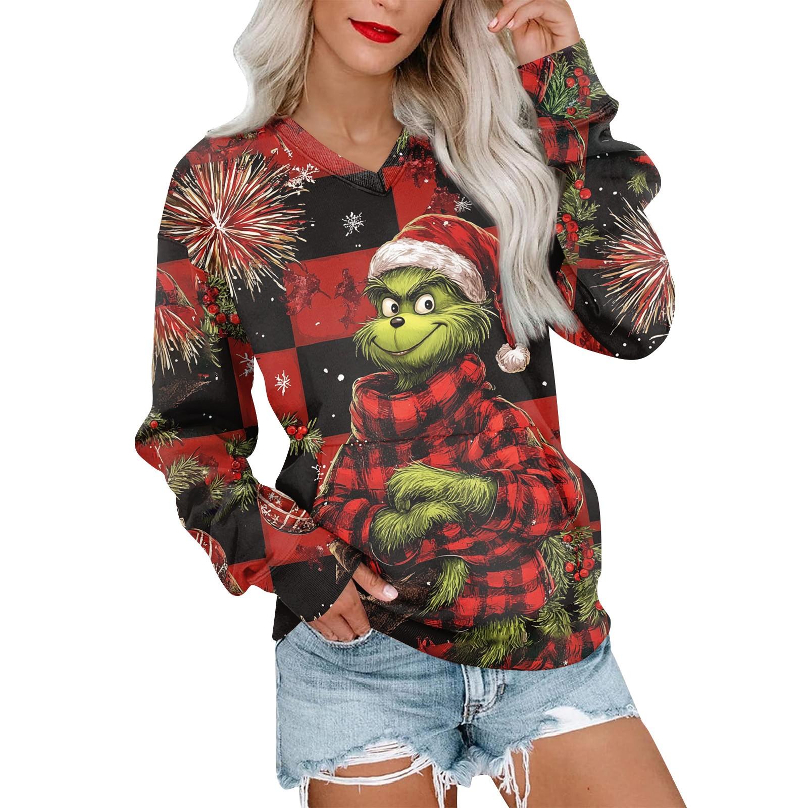 

Women s Casual Fashion Christmas V-neck Long Sleeve Sweatshirt Lightweight Pullover With Pockets Sweatshirt XL рожевий