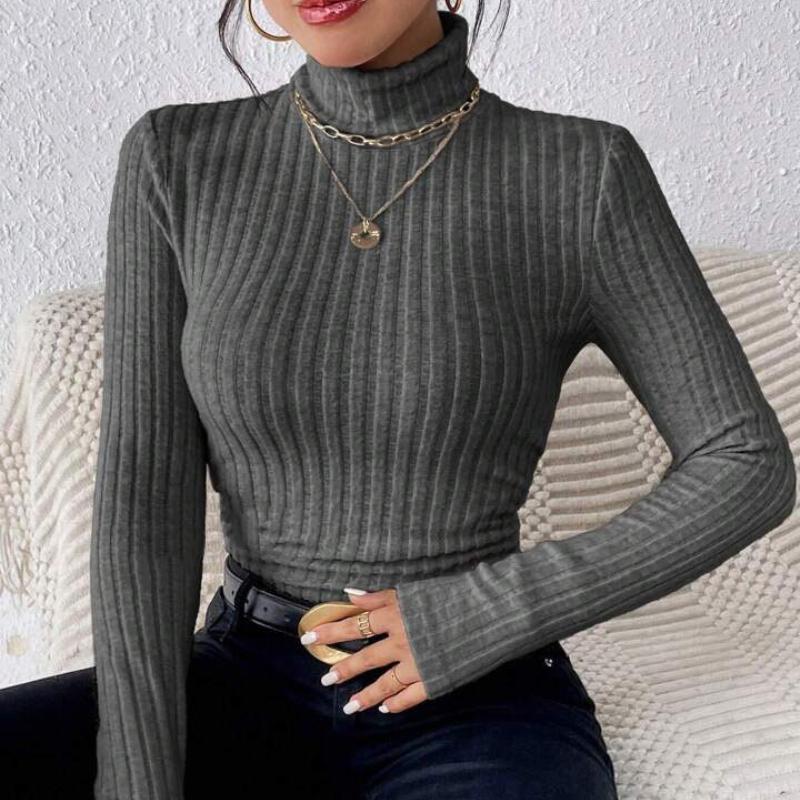 Herbst und Winter Sexy Textur Pit Stripe Slim Knit Langarm Damen T-Shirt Neue High Neck Damen Tops Casual Damen Tops