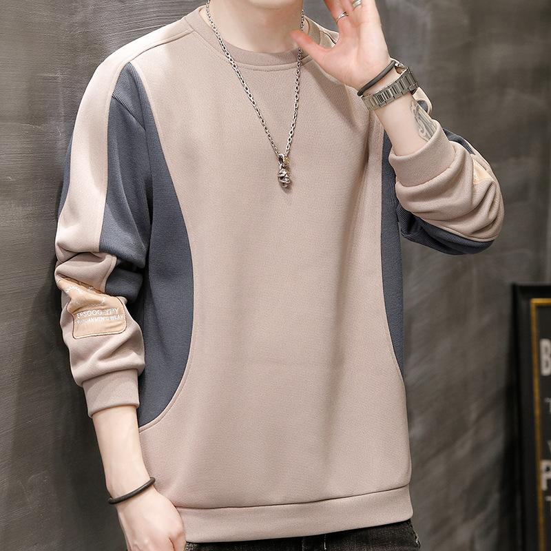 

Мужская толстовка с круглым вырезом, цветовые блоки черного и серого цветов, повседневный пуловер с длинным рукавом, пэчворк, с деталью-этикеткой на локте M хаки