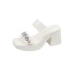 Transparent High Heels Cool Slippers Women's 2025 Outer Wear Crystal Thick Heel French Temperament One-word Women's Slippers