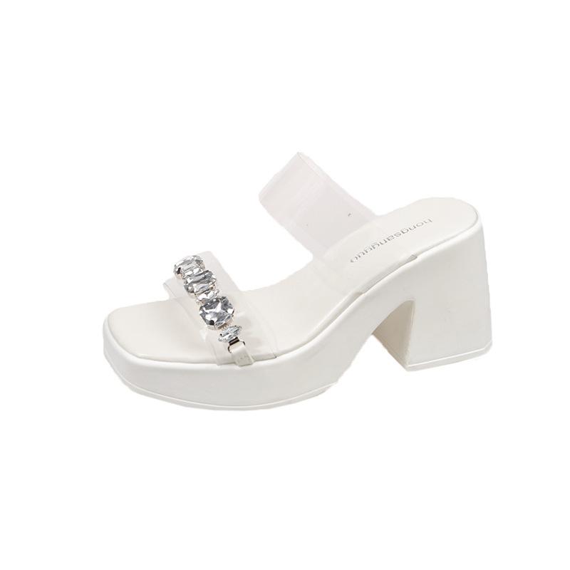 Transparent High Heels Cool Slippers Women's 2025 Outer Wear Crystal Thick Heel French Temperament One-word Women's Slippers