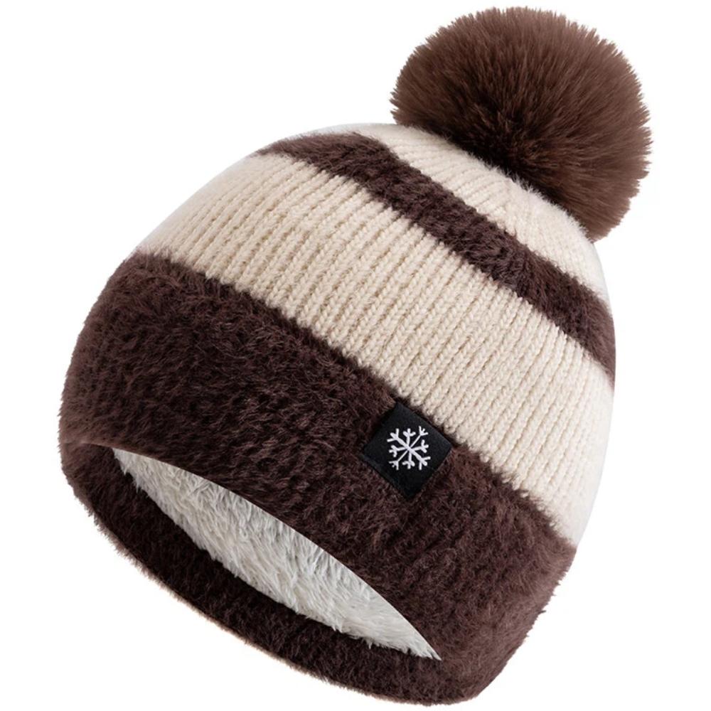 New Style Snow Label Beanie Hat Color Blocked Style Plush Fur Lined Pompoms Warm Winter Hat Fashion Y2k Beanie For Woman Girl