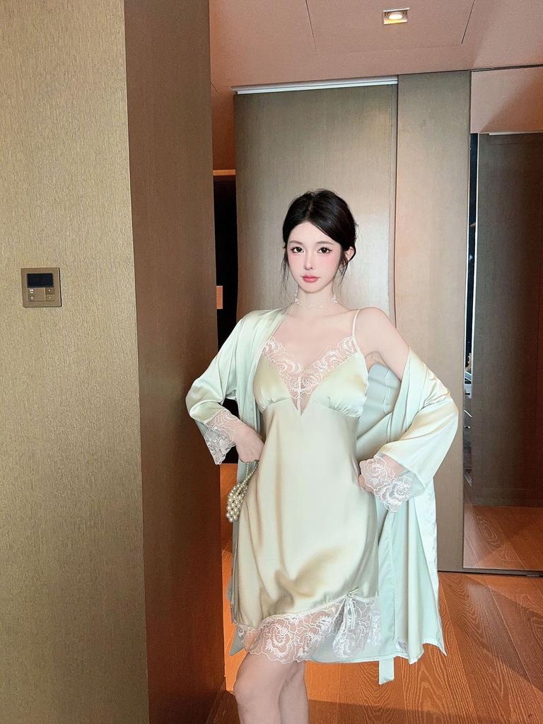 Sexy Pajamas Women's Ice Ribbon Chest Pad Pure Desire New Suspender Pajamas Two-piece Silk Loungewear