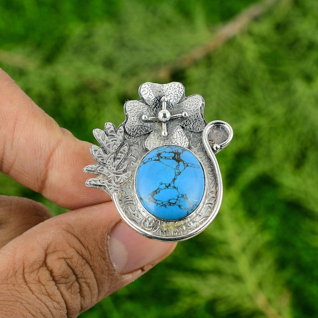 Sterling Silver Natural Tibetan Turquoise Flower Ethnic Statement Ring Jewelry