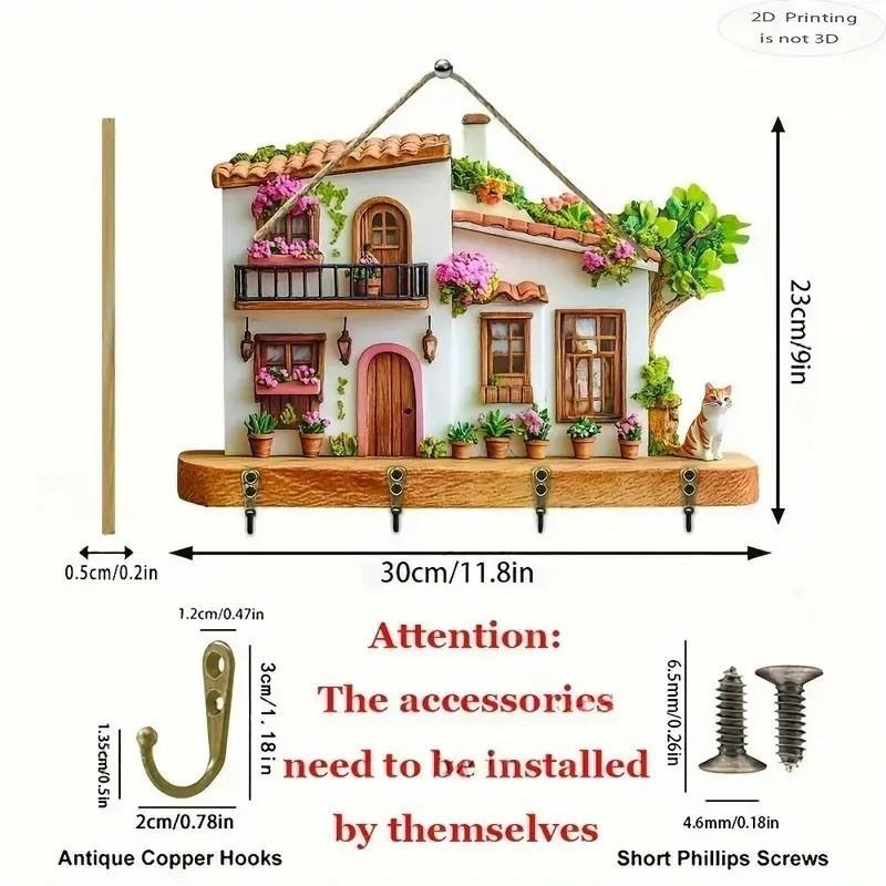 2D Plan, 1 2D Plan, A Cute Villa Wooden Multifunctional Home Keychain with Four Metal Hooks - Wall Decoration, Porch Decoration, Room Decoration
