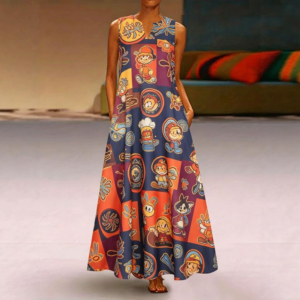 Retro Floral Color Matching Printing V-neck Sleeveless Loose Pendulum Long Dress