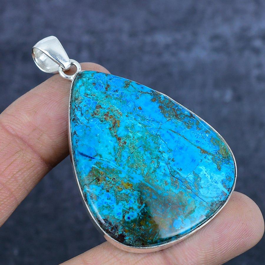 Piatră prețioasă naturală Crisocolă Argint Sterling 925 Bijuterii Pandantiv 2,56" G9N53