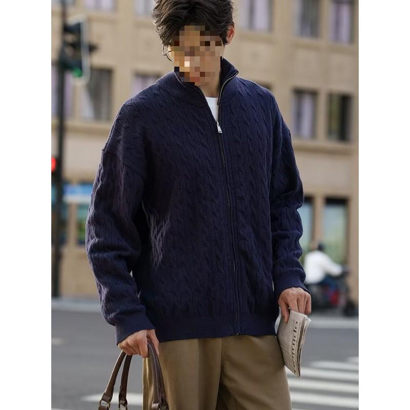 Mens Cable Knit Zipper Cardigan Stand Collar Sweater Fall Casual Vintage Style