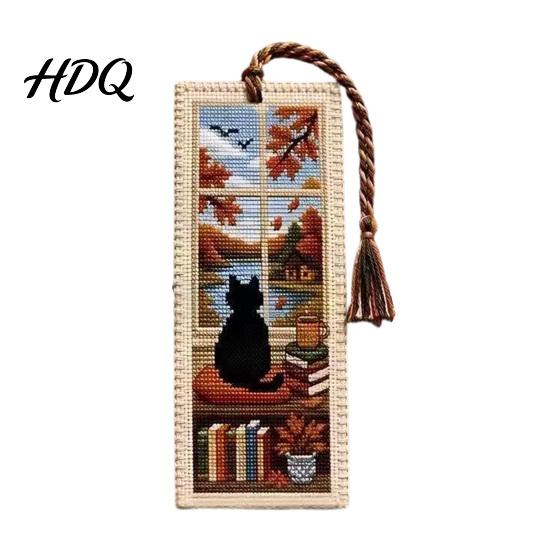 Tassel Bookmark Seasonal Cat Cross-Stitch Bookmark Four Seasons Black with Decor Braided Rope Handcrafted Book Page Marker for Lovers Window Scene
