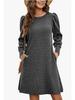 European & American Fashion Knitted Puff Sleeve Dress - Women's Autumn/Winter Casual Loose Fit with Pockets