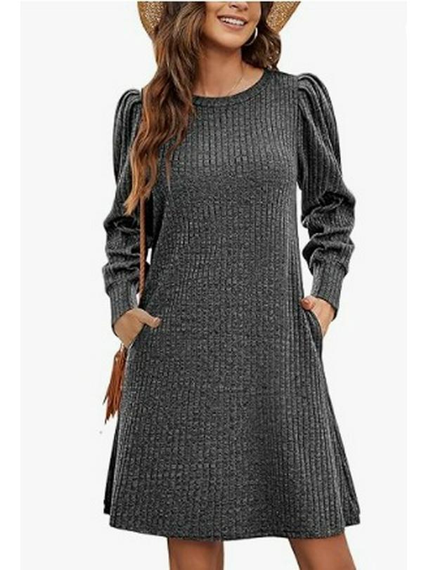 European & American Fashion Knitted Puff Sleeve Dress - Women's Autumn/Winter Casual Loose Fit with Pockets