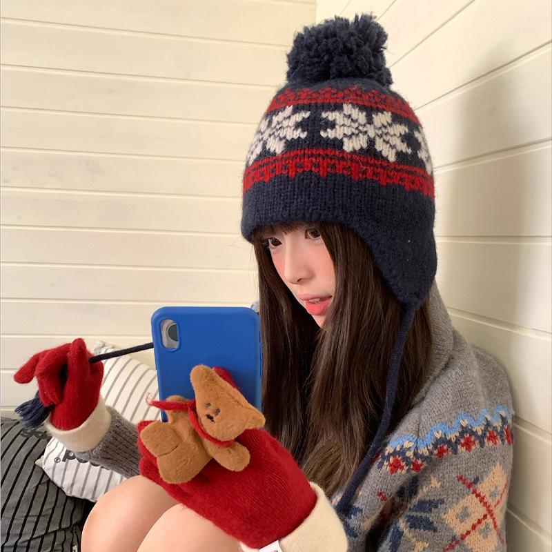 Fair Island contrasting color knitted wool hat women's season versatile big head circumference showing face small ear protection warm pullover hat