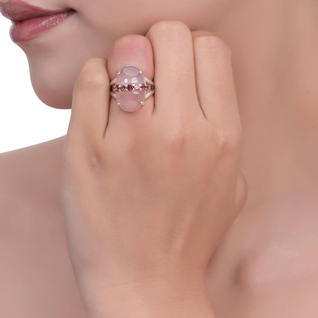 Unique Women's 925 Sterling Silver Oval Gemstone Statement Ring – Mojave Turquoise, Green Onyx or Rose Quartz with Faceted Accent Stones