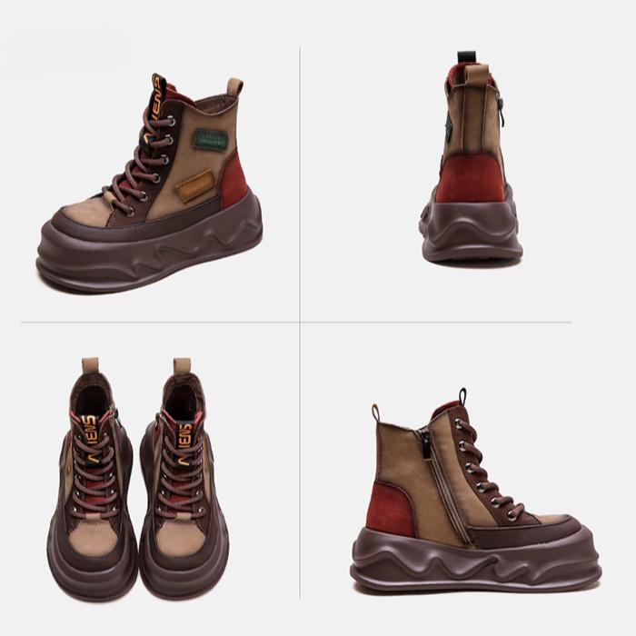 Johnature Scarpe con suola spessa e aumento dell'altezza, retrò, colori misti, stivaletti corti in vera pelle, scarpe da donna