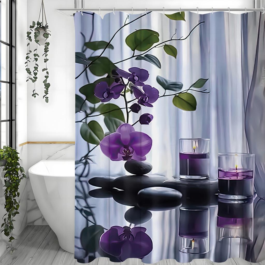 Zen Spa Léčivý Černý Kámen a Wisteria Sprchový Závěs, Koupelnový Dekorativní Sprchový Závěs, Vodotěsný Sprchový Závěs s Háčky