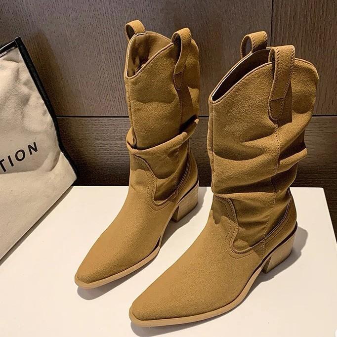 Cowhide version~ Zhao Silu retro medium tube knight boots matte pointed thick heel versatile V boots thin pile boots women
