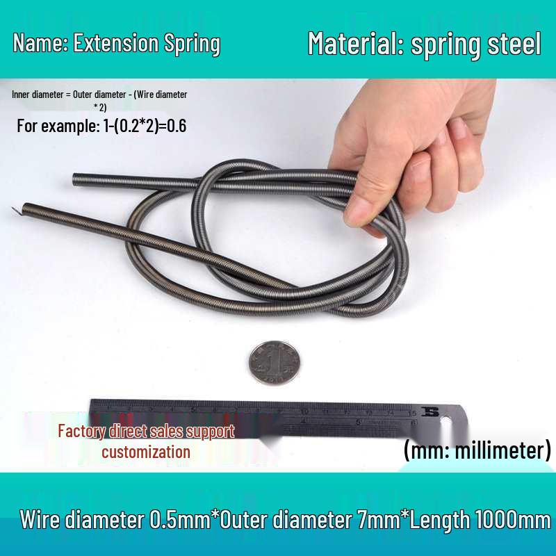 1m Spring Coil Extension with Hook - Strong Tensile Force, Thin Soft Sheath, for Tarpaulins & Sliding Doors
