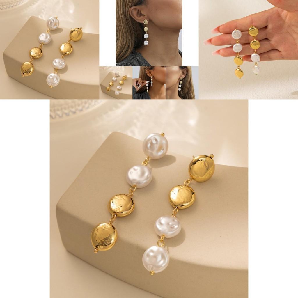 Chic 2023 Winter Gold Round Faux Pearl Earrings Stylish Long Design For Women