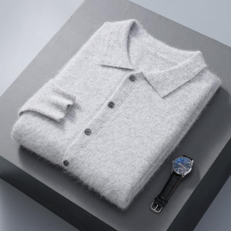 Autumn And Winter Mink Sweater Cardigan Men'S Trend Solid Color Button-Up Polo Collar Loose Shirt Collar Jacket Top