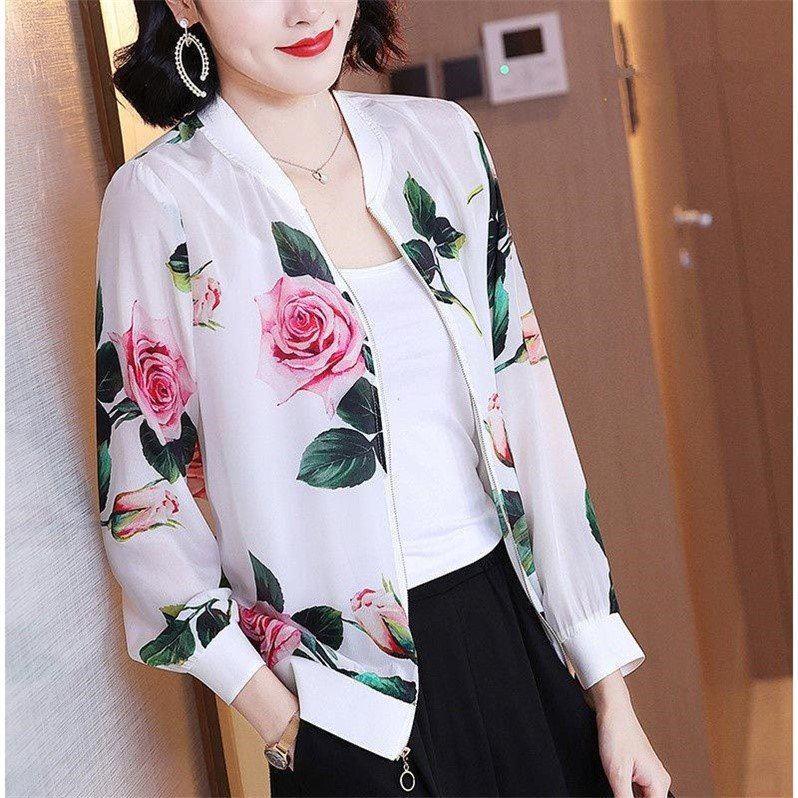 Women's Plus Size Chiffon Printed Baseball Jacket - Summer 2026 Style, Lightweight, Age-Reducing, Sun Protection Short Coat