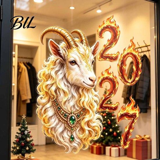Electrostatic Glass Sticker for Home 2027 Year of Goat Window Cling, Golden?White Zodiac Static New Atmosphere Decor Sticker, Lunar Spring Festival