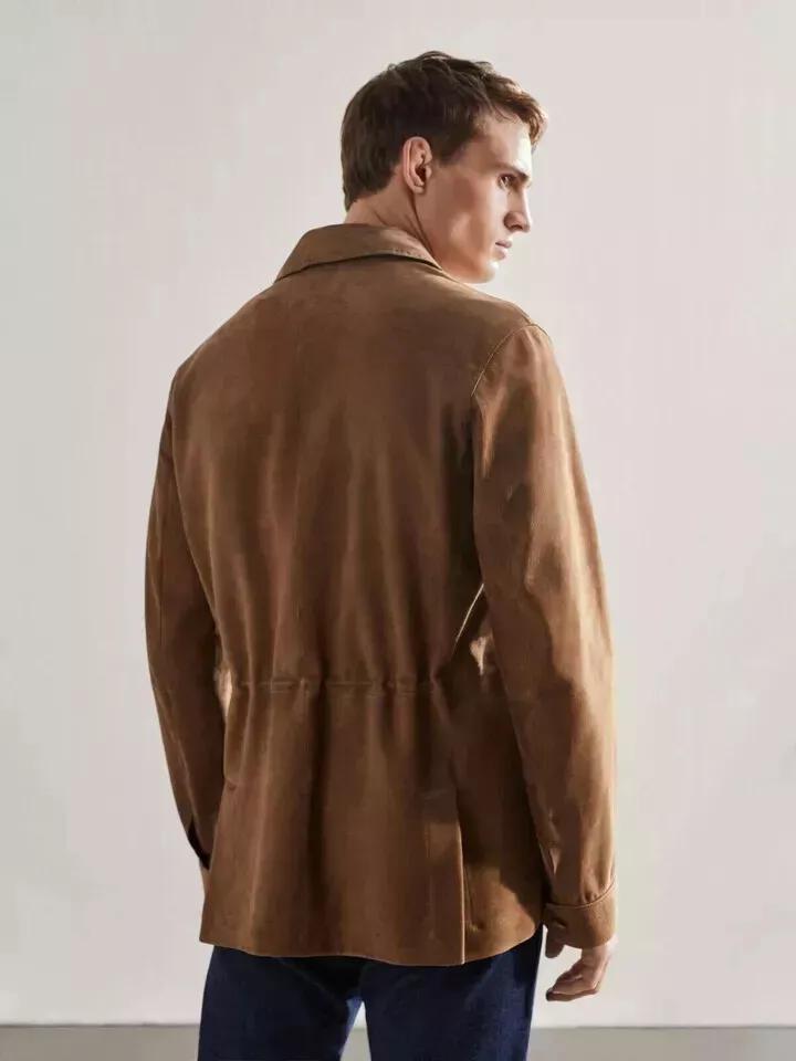 Casual Men's Brown Suede Leather Shirt Flap Pocket Genuine Soft Leather Jacket