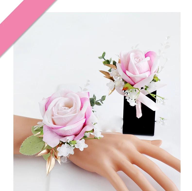 6pcs White Pink Corsage and Boutonniere Set Artificial Rose Wristlet Suit Flower for Men Wedding Party Prom Decoration