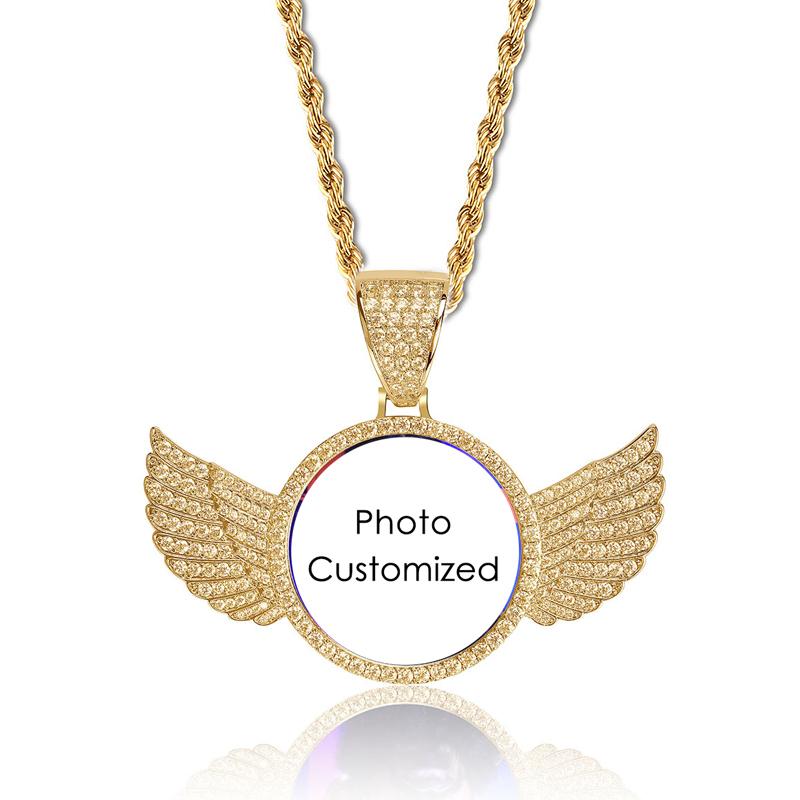 

Custom Po Pendant Necklace For Women Men Iced Out Bling Cubic Zirconia Wing Stainless Steel Chain Hiphop Jewelry Memory Gifts 60cm rope chain&Customized Type&Commonly