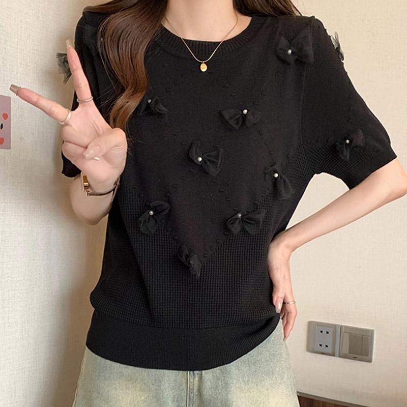 

Женские свитера, пуловеры, 2025, лето, короткий рукав, О-образный вырез, черный, белый, бант, вязаный свитер, женские топы, пуловер JJ244 One Size чёрный