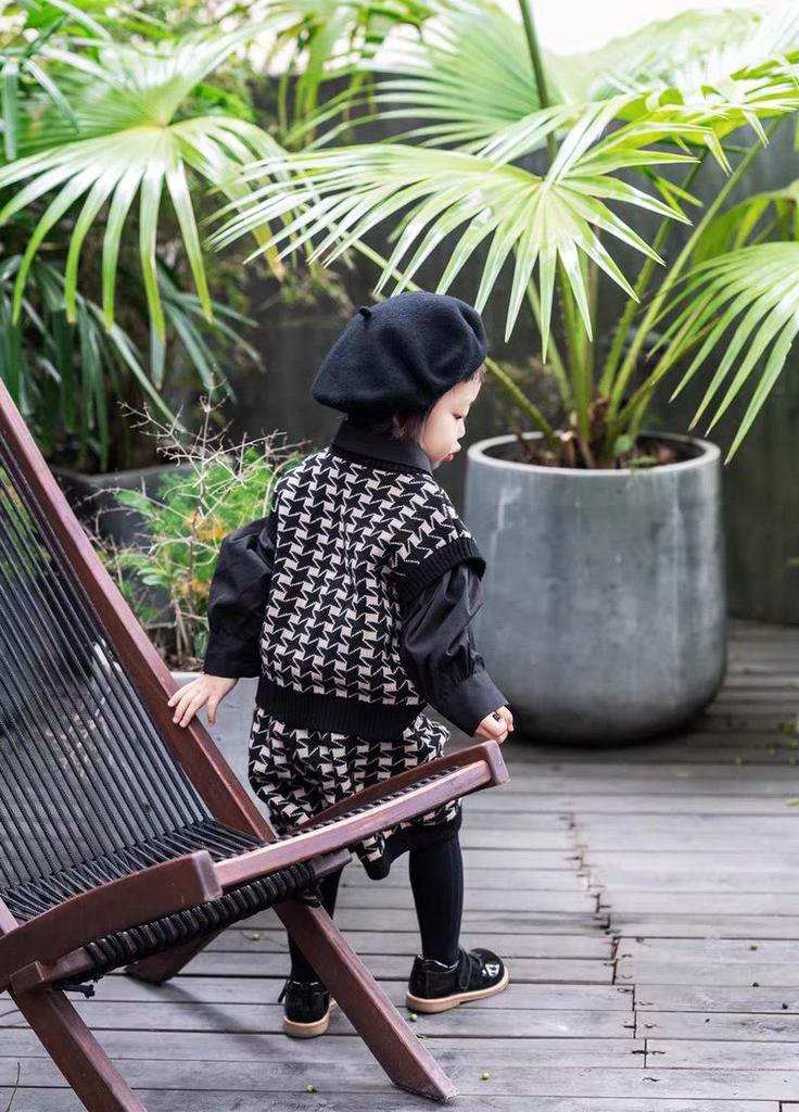 Children's Retro Houndstooth Cotton Knit Cardigan Vest